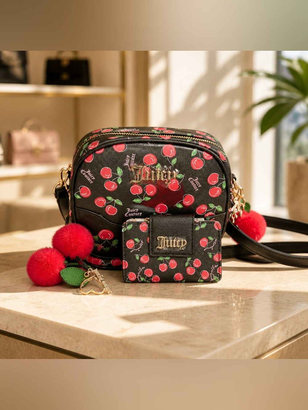 Juicy Couture Black Cherry Print Crossbody Bag & Wallet 2-Piece Set